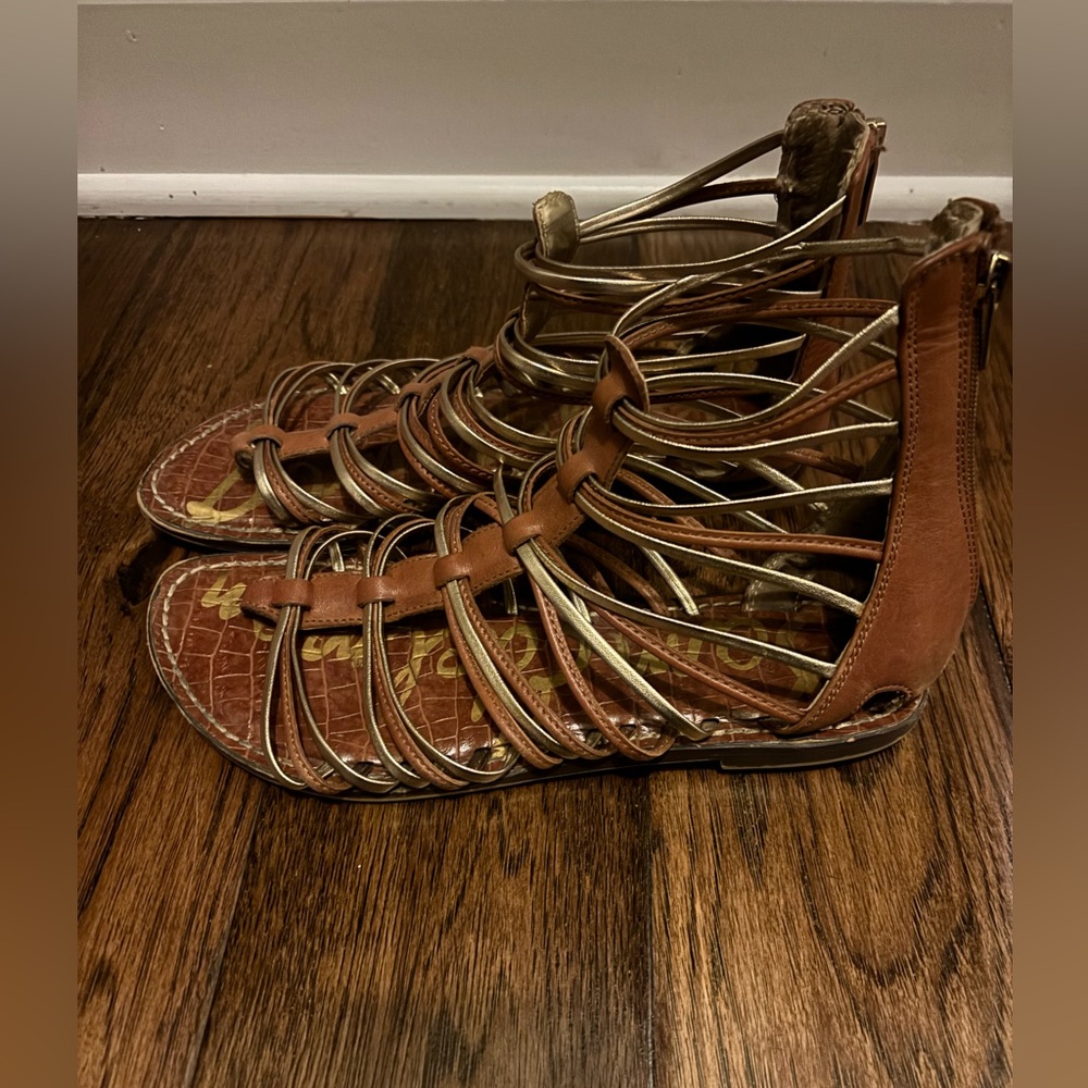 Sam Edelman Kamille Womens Brown & Gold Leather Gladiator Thong Sandals Size 10